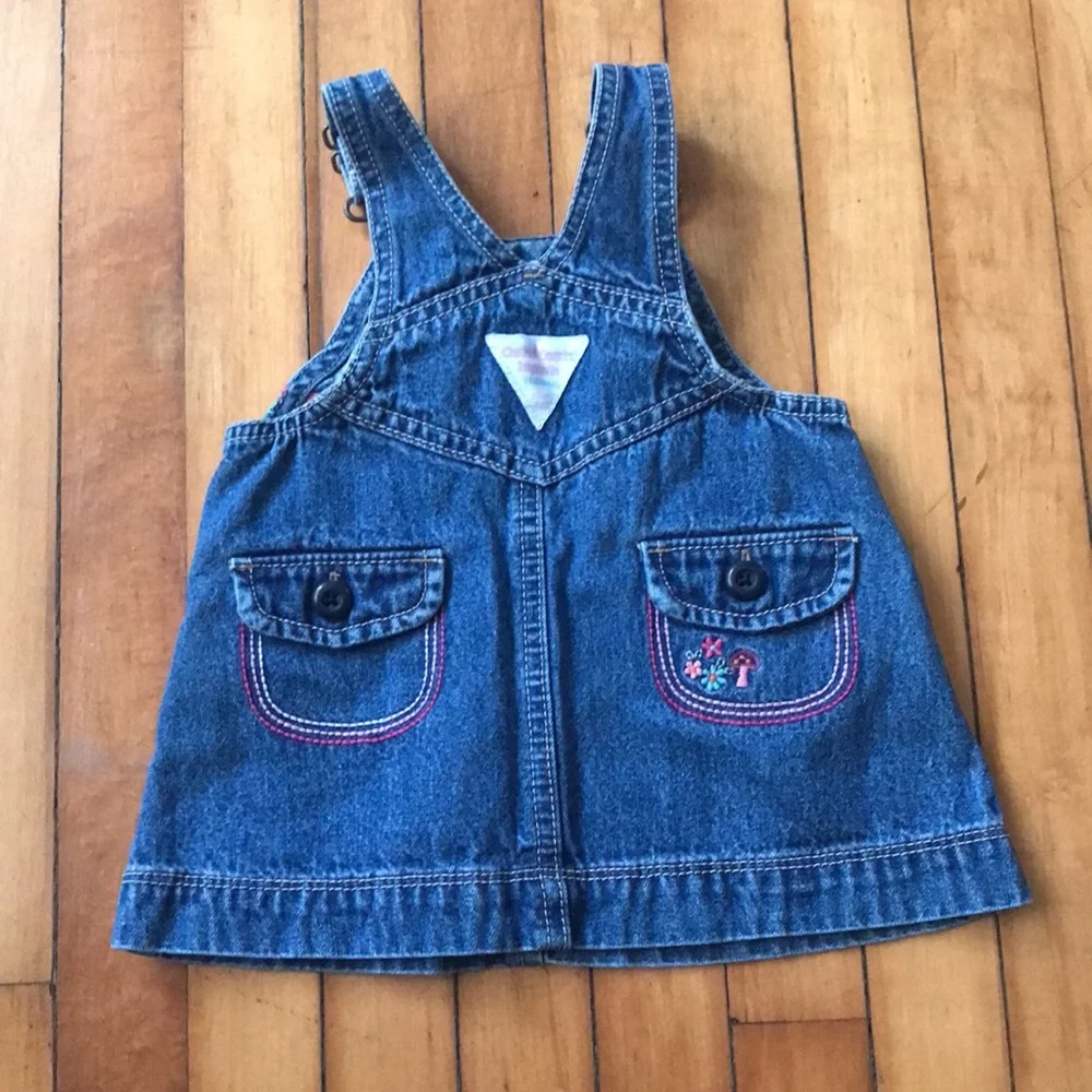 OshKosh B'gosh Blue Denim Pinafore Dress with Rainbow & Butterfly Embroidery